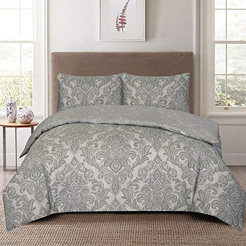 Floral Grey Duvet Cover Set 3 Pcs Polyester-Cotton Quilt Cover Bedding Set With Pillow Cases Easy Care Machine Washable Anti Allergic