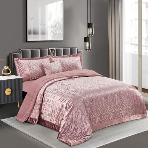 Quilted Jacquard Velvet Infinity Bedspread Set Throw Bedding Set Includes Soft Bed Throw Comforter with 2 Pillow Shams Machine Wash