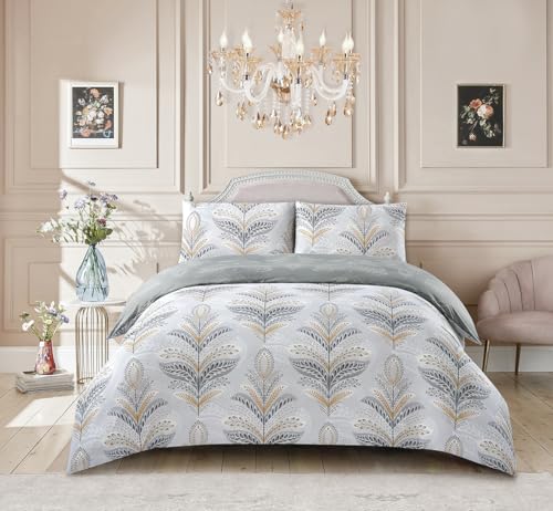 Floral Grey Duvet Cover Set 3 Pcs Polyester-Cotton Quilt Cover Bedding Set With Pillow Cases Easy Care Machine Washable Anti Allergic