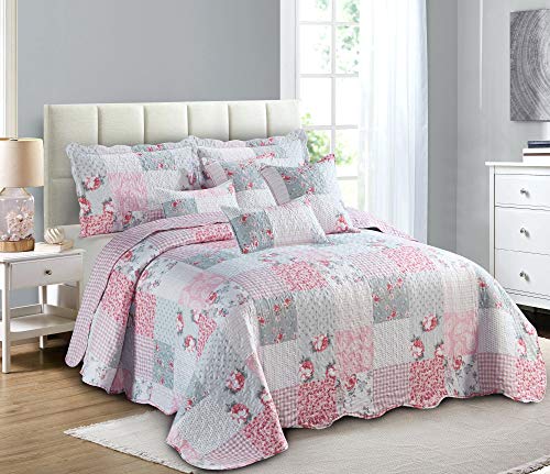 Luxury Quilted Patchwork Bedspread Bed Throw 3 Piece Bedding Set Includes Comforter & 2 Pillow Shams Floral Design Coverlet Embroidered