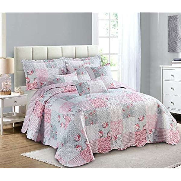 Quilted Patchwork Bedspread Bed Throw 3 Piece Bedding Set Includes Comforter 2 Pillow Cases