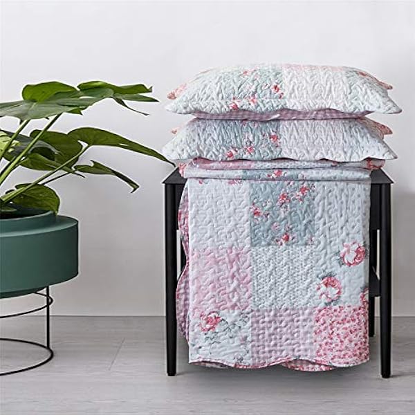 Quilted Patchwork Bedspread Bed Throw 3 Piece Bedding Set Includes Comforter 2 Pillow Cases