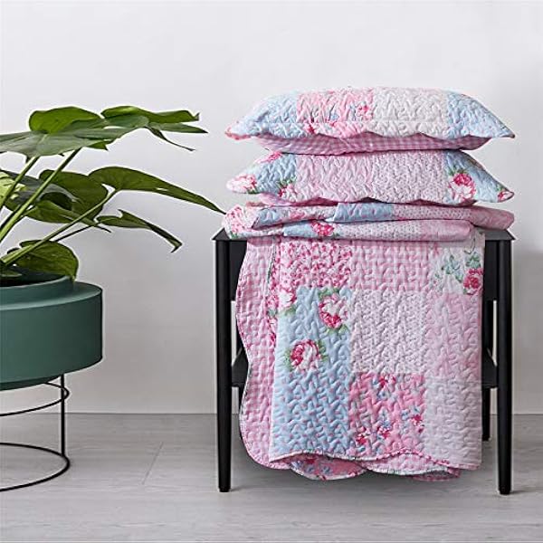 Quilted Patchwork Bedspread Bed Throw 3 Piece Bedding Set Includes Comforter 2 Pillow Shams