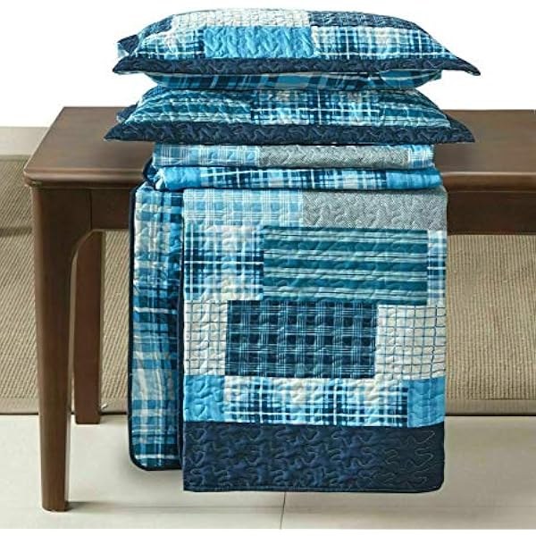 Quilted Patchwork Bedspread Bed Throw 3 Piece Embossed Coverlet with 2 Pillow Shams