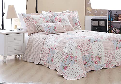 Luxury Quilted Patchwork Bedspread Bed Throw 3 Piece Bedding Set Includes Comforter & 2 Pillow Shams Floral Design Coverlet Embroidered