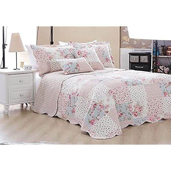 Luxury Quilted Patchwork Bedspread Bed Throw 3 Piece Bedding Set Includes Comforter & 2 Pillow Shams Floral Design Coverlet Embroidered