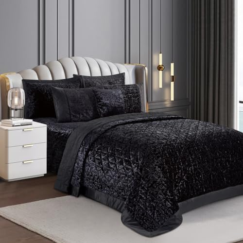 Luxury 3 Piece Quilted Plush Velvet Bedspread Bedding Set Ultra Soft Crushed Velvet Bedspread Comforter Bed Throw with 2 Pillow Cases