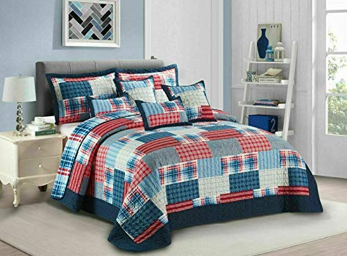 Quilted Patchwork Bedspread Bed Throw 3 Piece Embossed Coverlet with 2 Pillow Shams