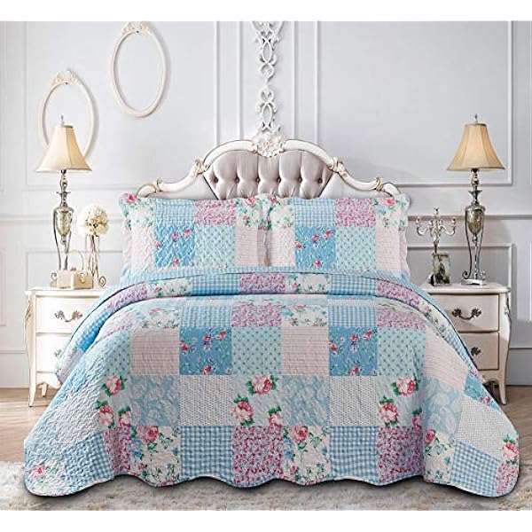 Quilted Patchwork Bedspread Bed Throw 3 Piece Bedding Set Includes Comforter 2 Pillow Shams