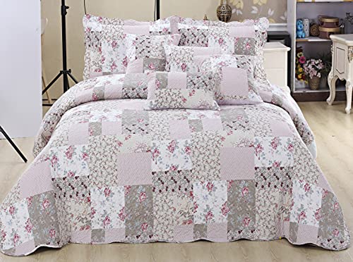 Luxury Quilted Patchwork Bedspread Bed Throw 3 Piece Bedding Set Includes Comforter & 2 Pillow Shams Floral Design Coverlet Embroidered