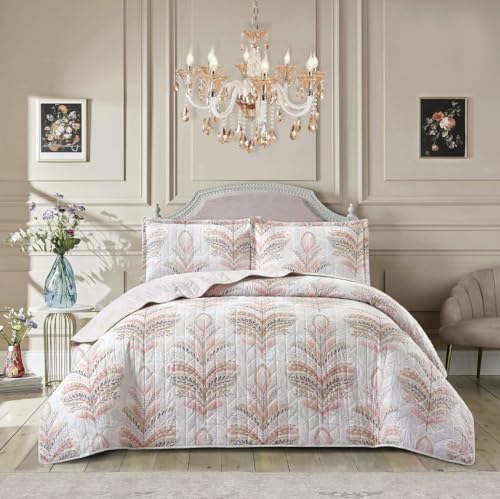 Luxury 3 Piece Quilted Printed Bedspread Set Throw Bedding Set Includes Soft Bed Throw Comforter with 2 Pillow Shams Embroidered Machine Wash