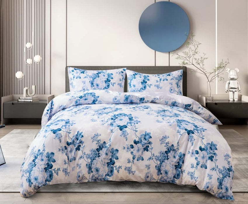 Floral Grey Duvet Cover Set 3 Pcs Polyester-Cotton Quilt Cover Bedding Set With Pillow Cases Easy Care Machine Washable Anti Allergic