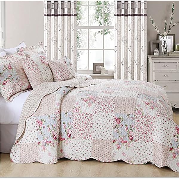 Luxury Quilted Patchwork Bedspread Bed Throw 3 Piece Bedding Set Includes Comforter & 2 Pillow Shams Floral Design Coverlet Embroidered
