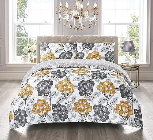 Floral Grey Duvet Cover Set 3 Pcs Polyester-Cotton Quilt Cover Bedding Set With Pillow Cases Easy Care Machine Washable Anti Allergic