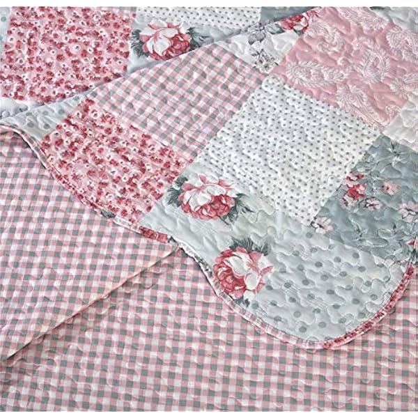 Quilted Patchwork Bedspread Bed Throw 3 Piece Bedding Set Includes Comforter 2 Pillow Cases