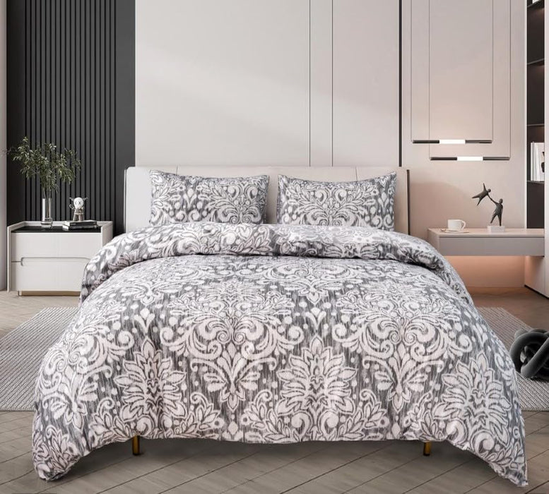 Floral Grey Duvet Cover Set 3 Pcs Polyester-Cotton Quilt Cover Bedding Set With Pillow Cases Easy Care Machine Washable Anti Allergic