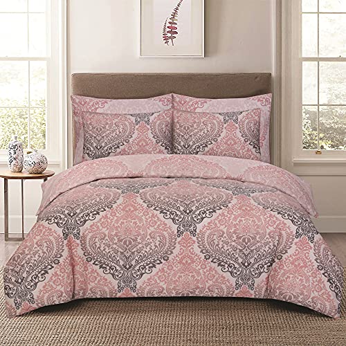 Floral Grey Duvet Cover Set 3 Pcs Polyester-Cotton Quilt Cover Bedding Set With Pillow Cases Easy Care Machine Washable Anti Allergic