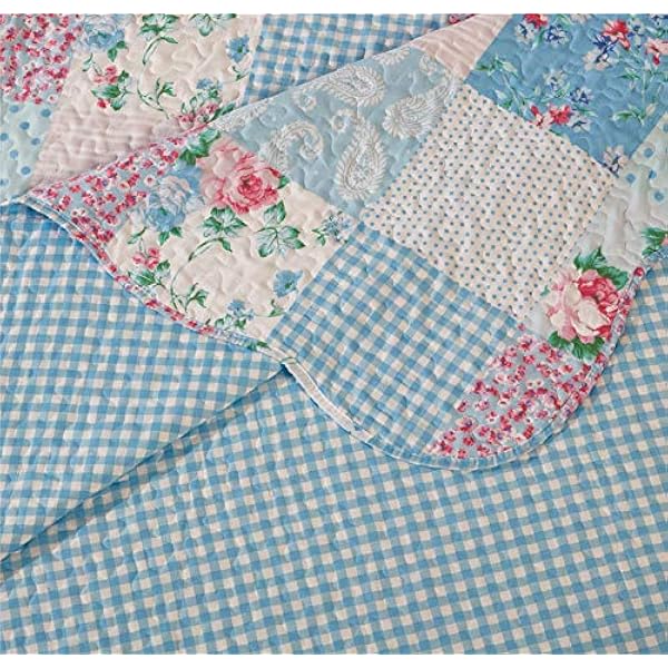 Quilted Patchwork Bedspread Bed Throw 3 Piece Bedding Set Includes Comforter 2 Pillow Shams