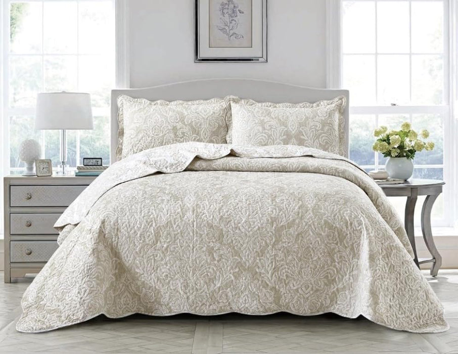 Luxury 3 Piece Quilted Printed Bedspread Set Throw Bedding Set Includes Soft Bed Throw Comforter with 2 Pillow Shams Embroidered Machine Wash
