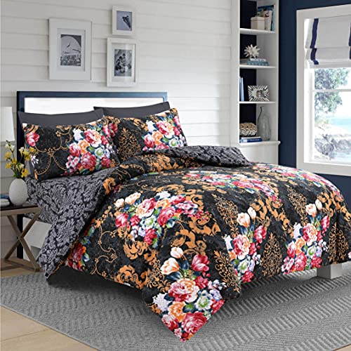 Floral Grey Duvet Cover Set 3 Pcs Polyester-Cotton Quilt Cover Bedding Set With Pillow Cases Easy Care Machine Washable Anti Allergic