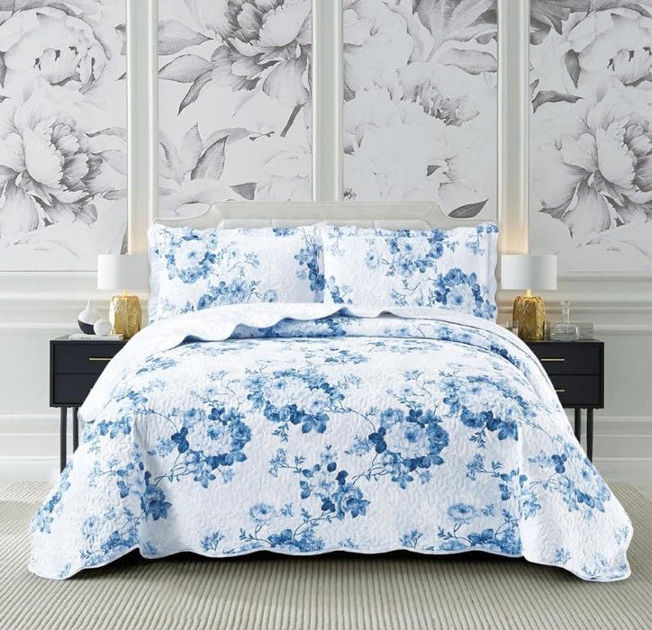 Luxury 3 Piece Quilted Printed Bedspread Set Throw Bedding Set Includes Soft Bed Throw Comforter with 2 Pillow Shams Embroidered Machine Wash