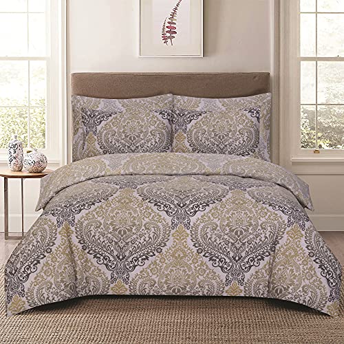 Floral Grey Duvet Cover Set 3 Pcs Polyester-Cotton Quilt Cover Bedding Set With Pillow Cases Easy Care Machine Washable Anti Allergic