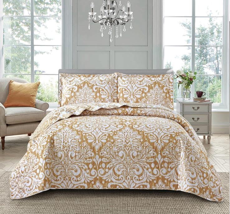 Luxury 3 Piece Quilted Printed Bedspread Set Throw Bedding Set Includes Soft Bed Throw Comforter with 2 Pillow Shams Embroidered Machine Wash