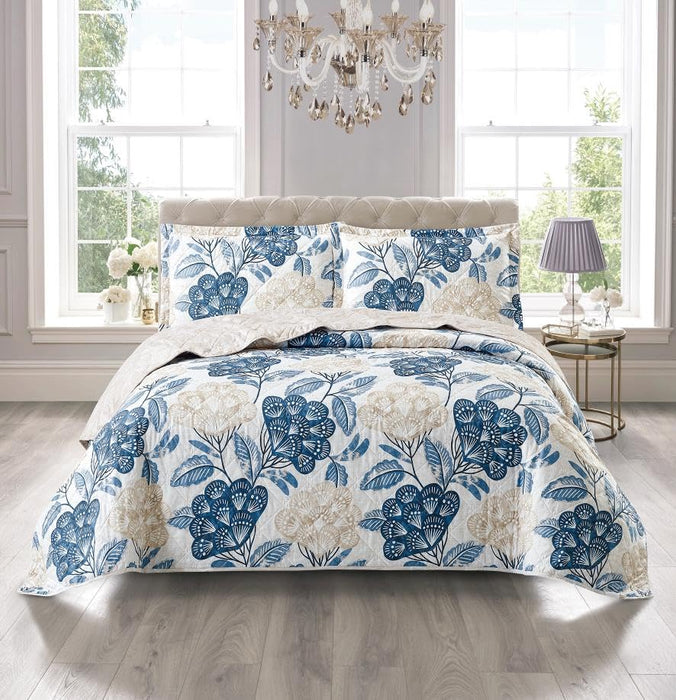 Luxury 3 Piece Quilted Printed Bedspread Set Throw Bedding Set Includes Soft Bed Throw Comforter with 2 Pillow Shams Embroidered Machine Wash