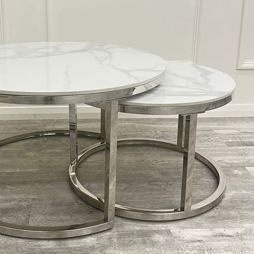 Cato Nest of 2 Short Silver Coffee Tables with Polar White Sintered Stone Tops
