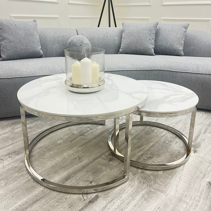 Cato Nest of 2 Short Silver Coffee Tables with Polar White Sintered Stone Tops
