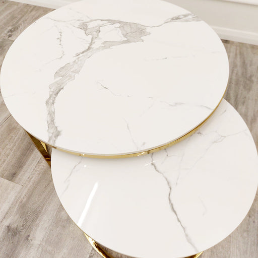 Cato Nest of 2 Short Gold Coffee Tables with Polar White Sintered Stone Tops