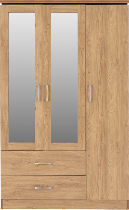Charles 3 Door 2 Drawer Mirrored Wardrobe Oak Effect Veneer with Walnut Trim