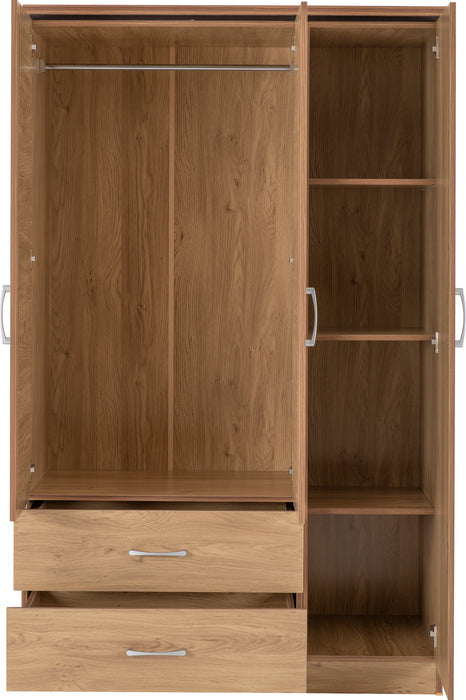 Charles 3 Door 2 Drawer Mirrored Wardrobe Oak Effect Veneer with Walnut Trim