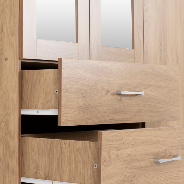 Charles 3 Door 2 Drawer Mirrored Wardrobe Oak Effect Veneer with Walnut Trim