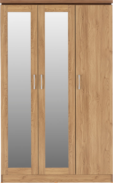 Charles 3 Door All Hanging Mirrored Wardrobe Oak Effect Veneer with Walnut Trim