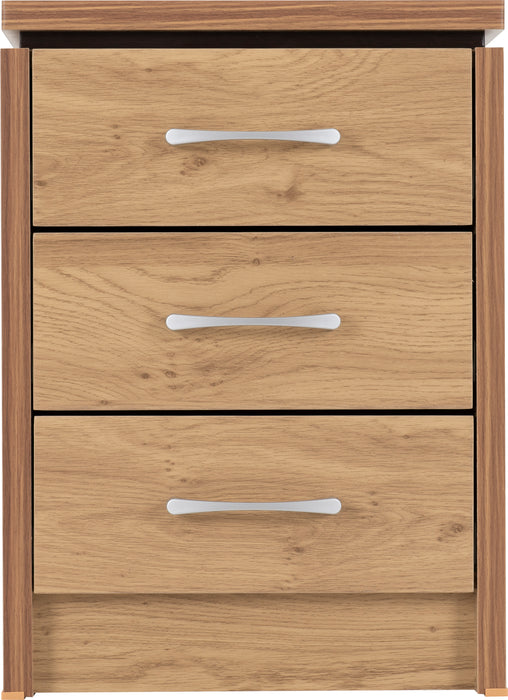 Charles 3 Drawer Bedside Chest Oak Effect Veneer with Walnut Trim