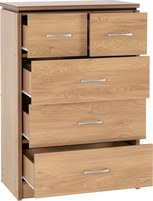 Charles 3+2 Drawer Chest Oak Effect Veneer with Walnut Trim