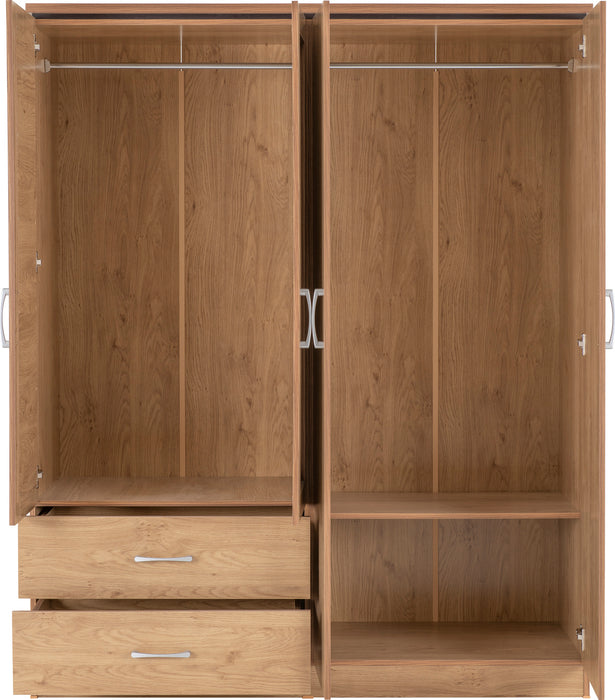 Charles 4 Door 2 Drawer Mirrored Wardrobe Oak Effect Veneer with Walnut Trim