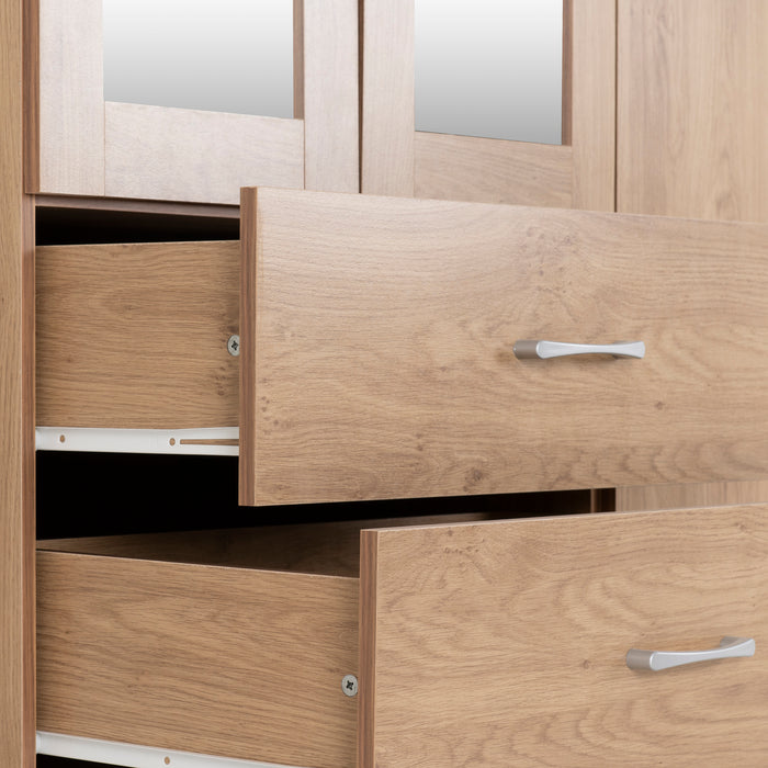 Charles 4 Door 2 Drawer Mirrored Wardrobe Oak Effect Veneer with Walnut Trim