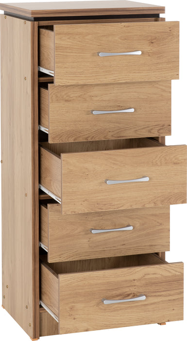 Charles 5 Drawer Narrow Chest Oak Effect Veneer with Walnut Trim