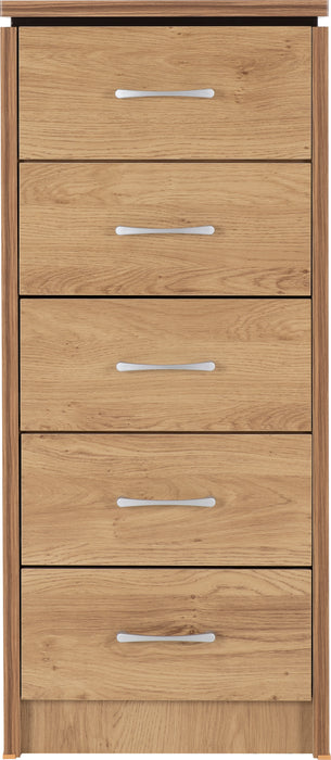 Charles 5 Drawer Narrow Chest Oak Effect Veneer with Walnut Trim