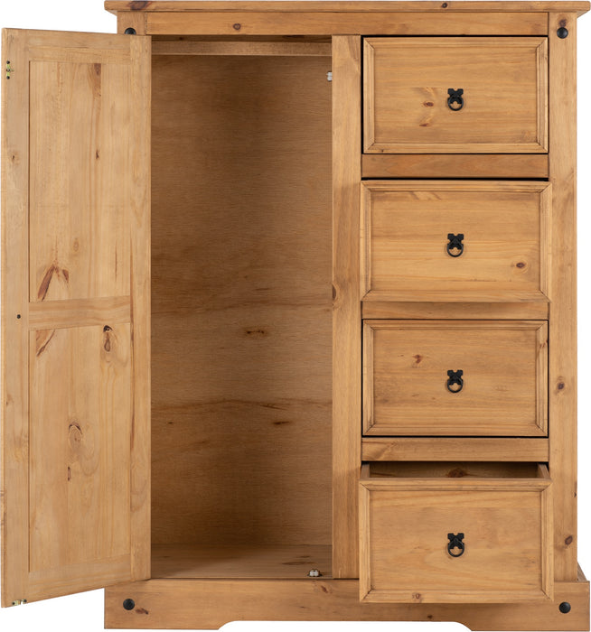 Corona 1 Door 4 Drawer Low Wardrobe Distressed Waxed Pine