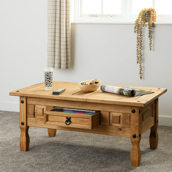 Corona 1 Drawer Coffee Table Distressed Waxed Pine