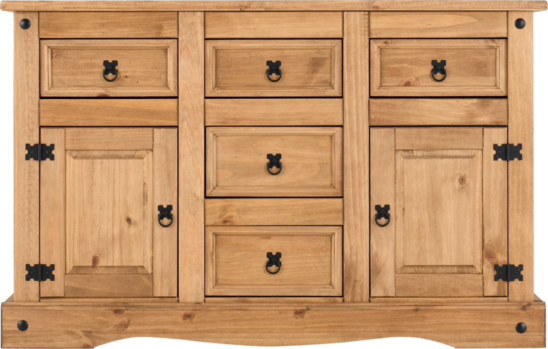 Corona 2 Door 5 Drawer Sideboard Distressed Waxed Pine
