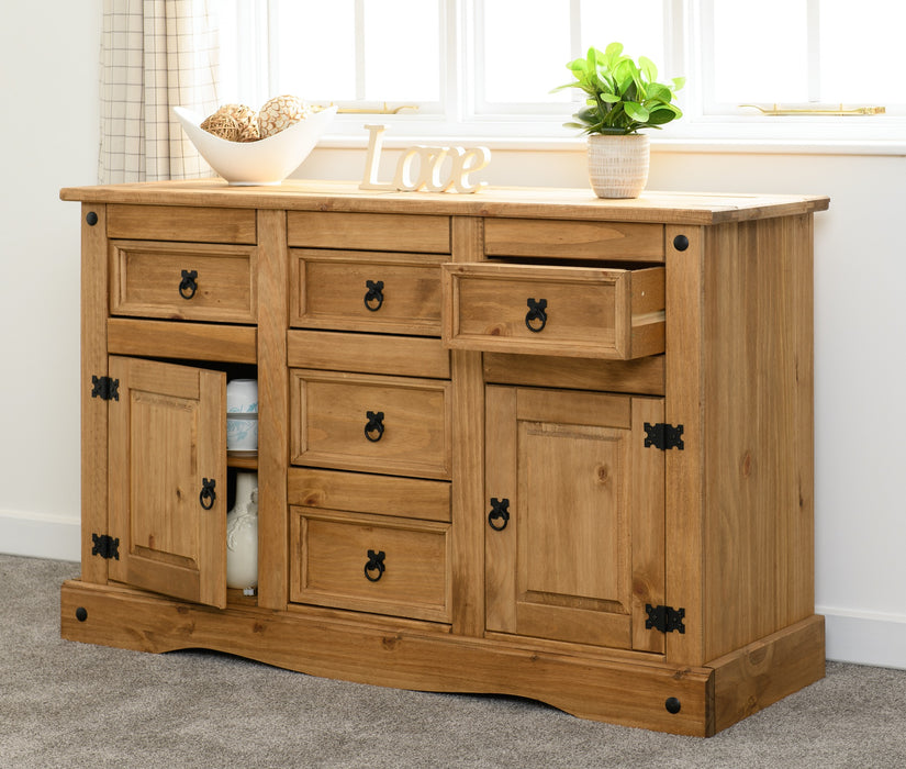 Corona 2 Door 5 Drawer Sideboard Distressed Waxed Pine