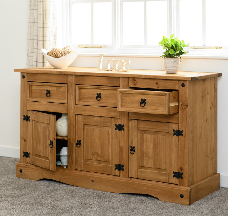 Corona 3 Door 3 Drawer Sideboard Distressed Waxed Pine
