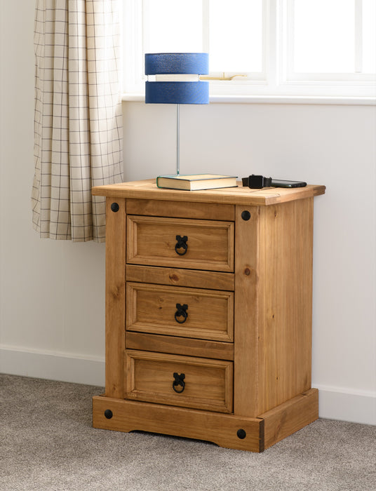 Corona 3 Drawer Bedside Chest Distressed Waxed Pine