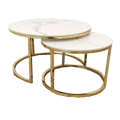 Cato Nest of 2 Short Gold Coffee Tables with Polar White Sintered Stone Tops