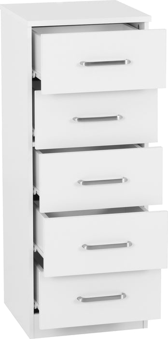Dakota 5 Drawer Narrow Chest White