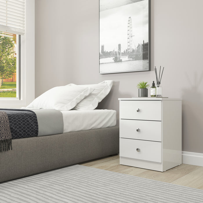Denver 3 Drawer Bedside White Gloss